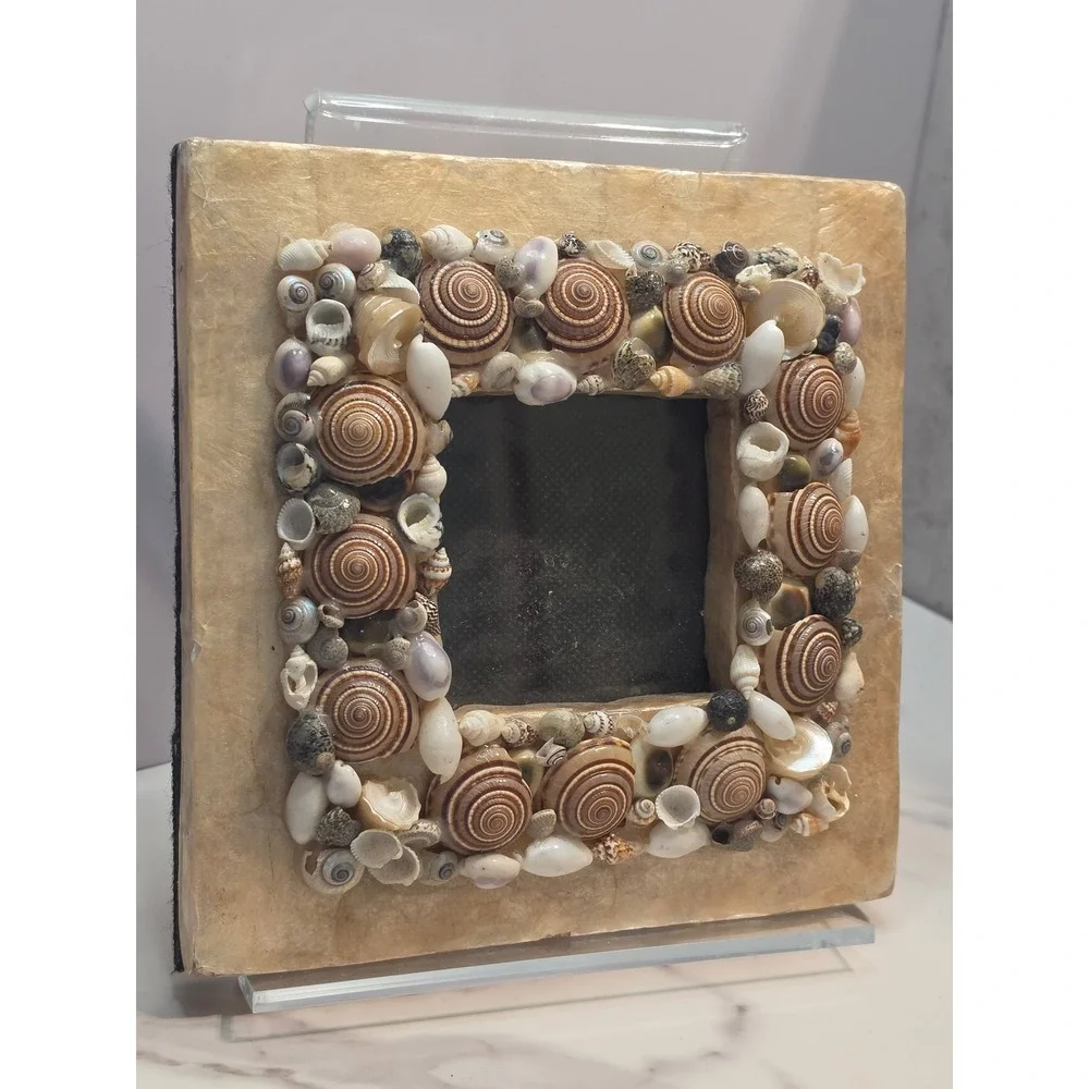 Natural Sea Shell Square Picture Frame 7x7 Coastal Boho Decor Easel Back Brown